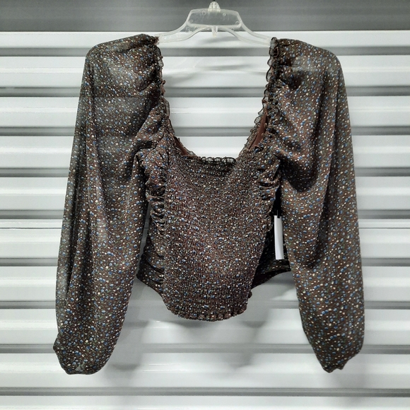 Astr The Label Top Womens Medium Brown Blue Puff Sleeve Smocked Blouse - Picture 4 of 10